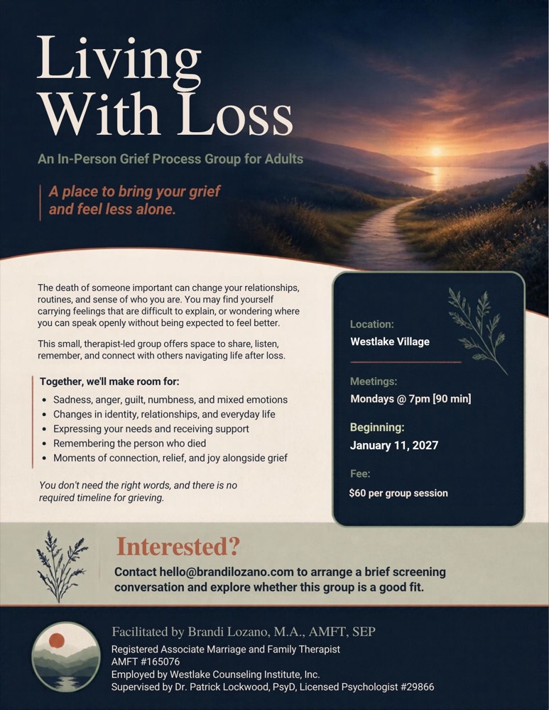 Living With Loss grief process group flyer: Mondays at 7pm, beginning January 11, 2027, Westlake Village, $60 per session